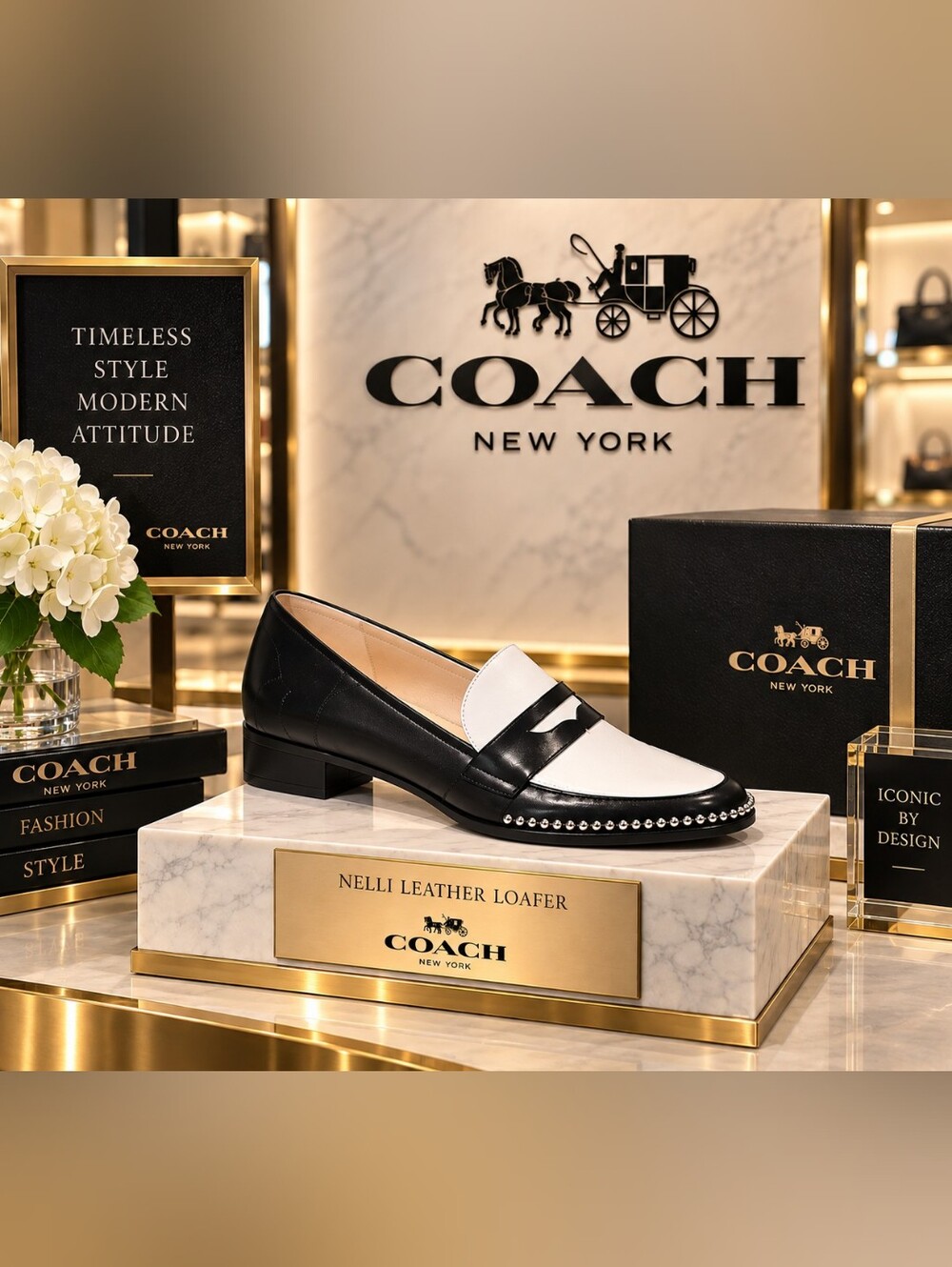 Coach Nelli Leather Loafers — Black/Optic White | Women’s 9B